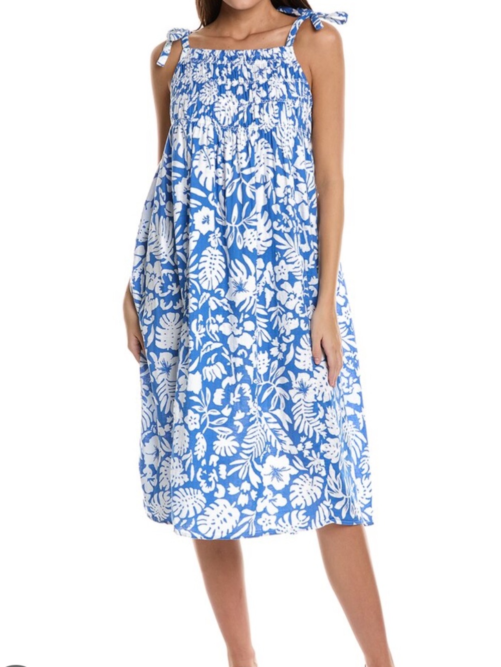 Beach Lunch Lounge Womens Blue White Smocked Bodice Floral Midi Dress, Pockets L